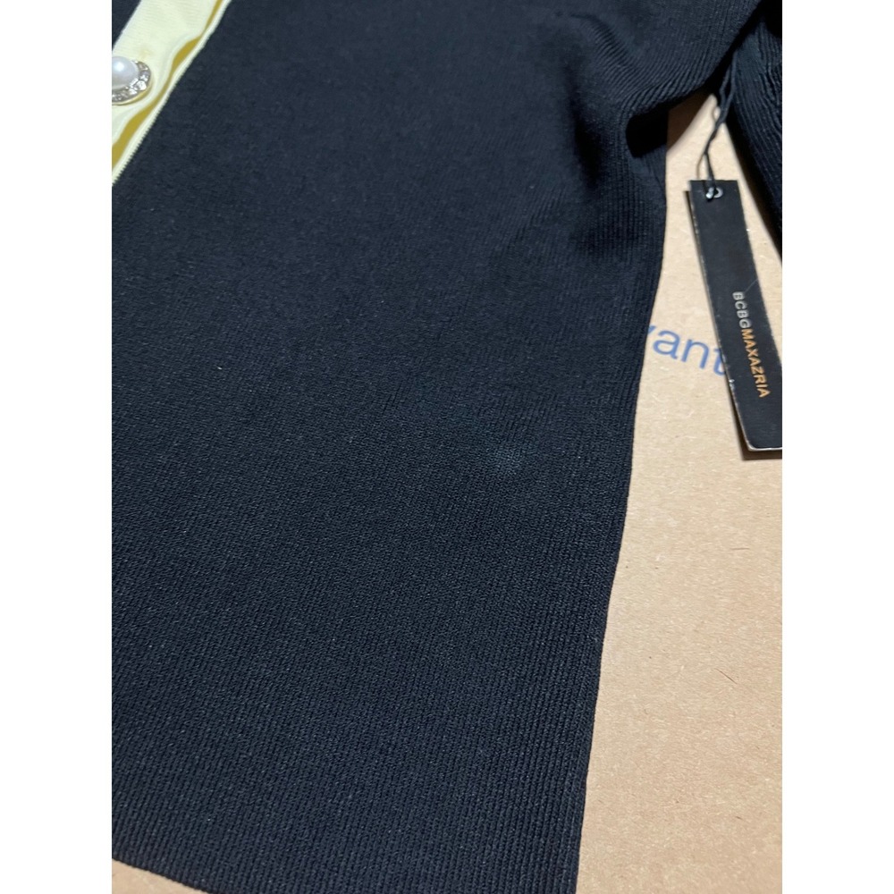 BCBGMAXAZRIA Black Yellow Contrast Trim Pearl Button Cardigan BC10503 Womens M - Picture 2 of 12